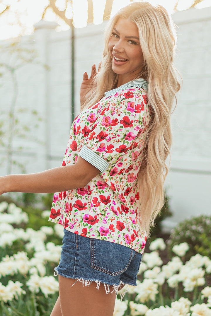 floral print striped patchwork collared short sleeve blouse