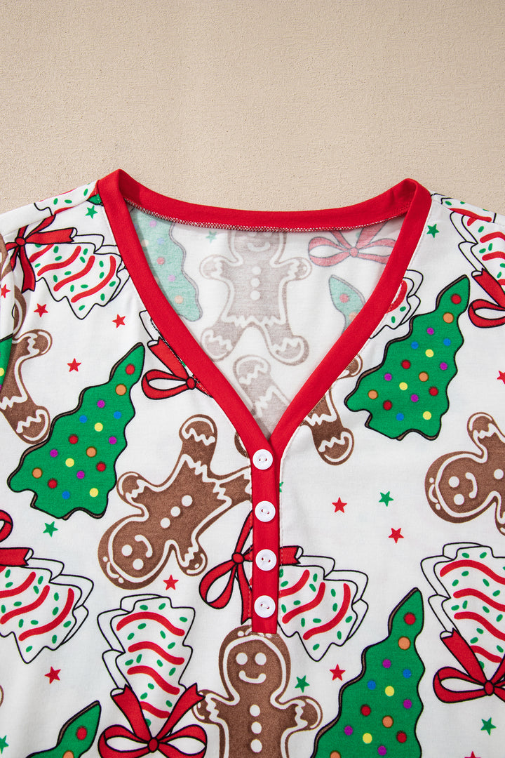 White Christmas Pattern Button V Neck Pullover Drawstring Pants 2pcs Lounge Set