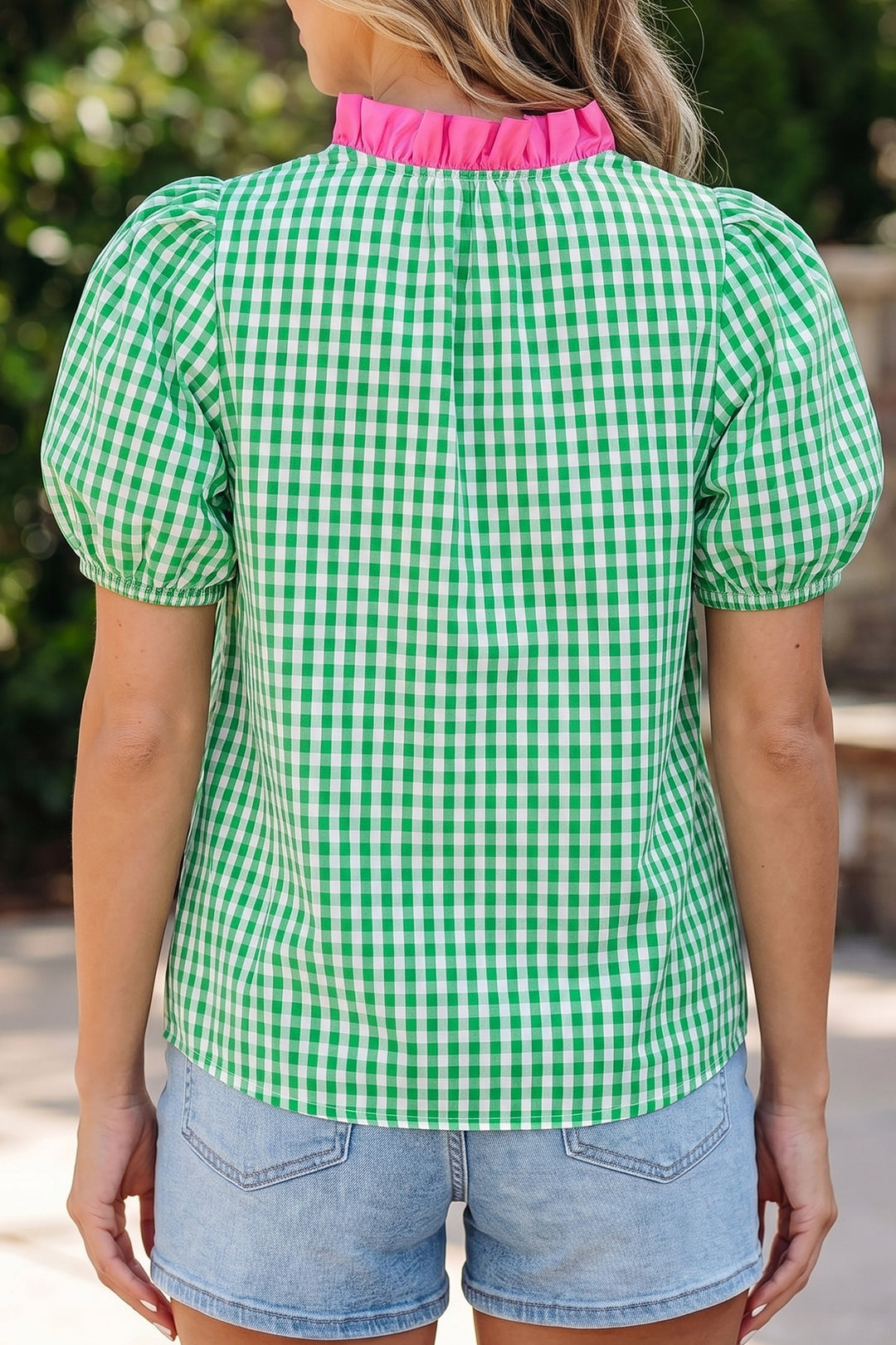 Green Gingham Plaid Bubble Sleeve V Neck Blouse