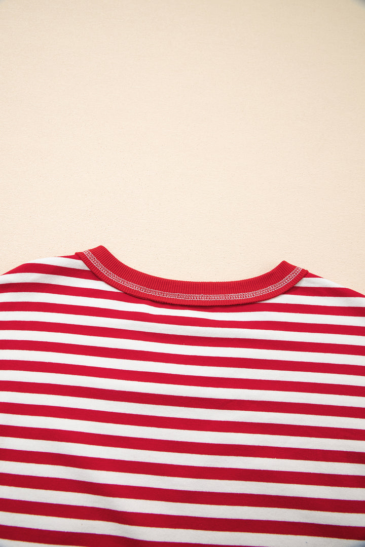Red Stripe Exposed Seam V Neck Balloon Sleeve Pullover