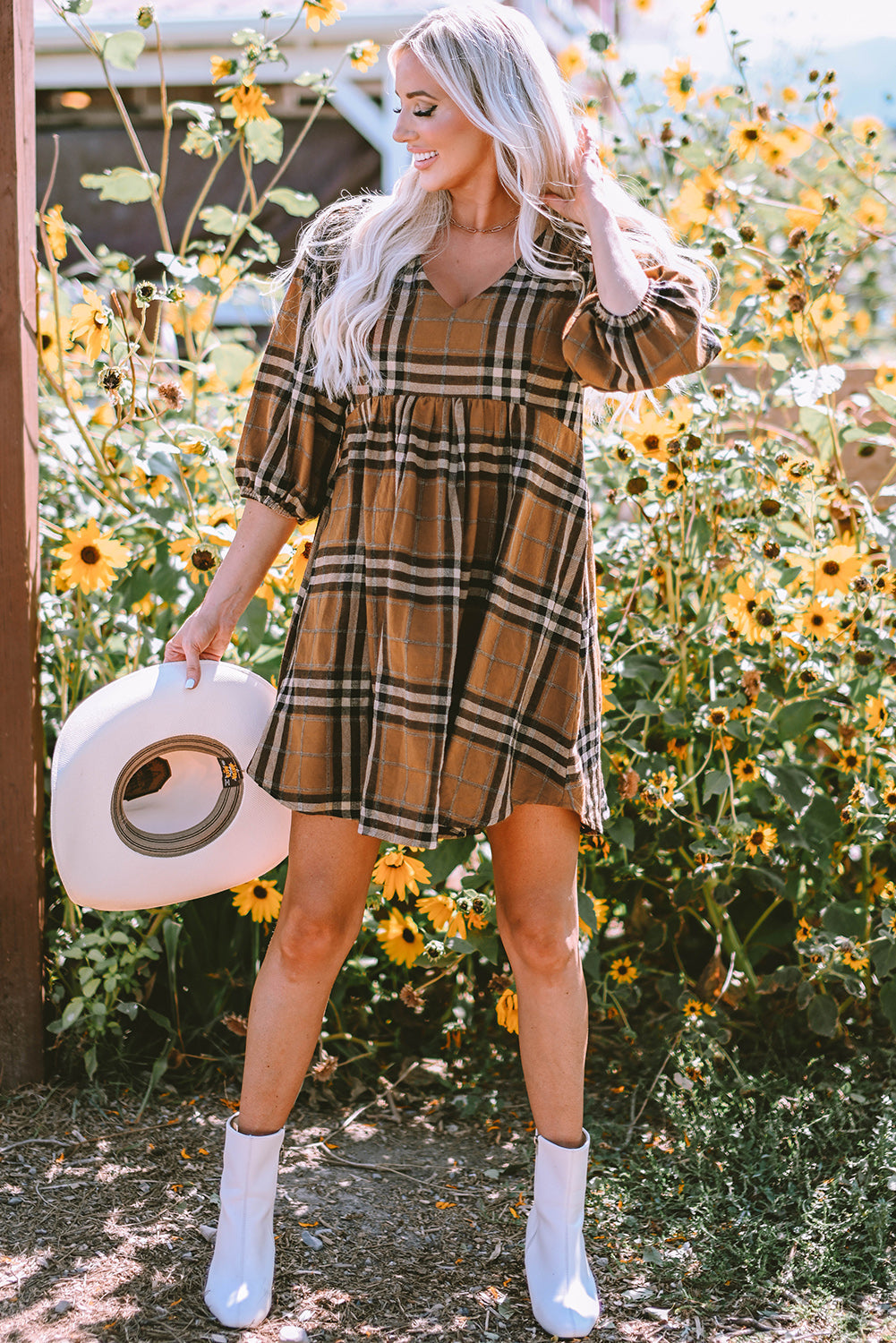 Chic Plaid Pattern Empire Waist Babydoll Dress ModeShe Chic Plaid Pattern Empire Waist Babydoll Dress ModeShe