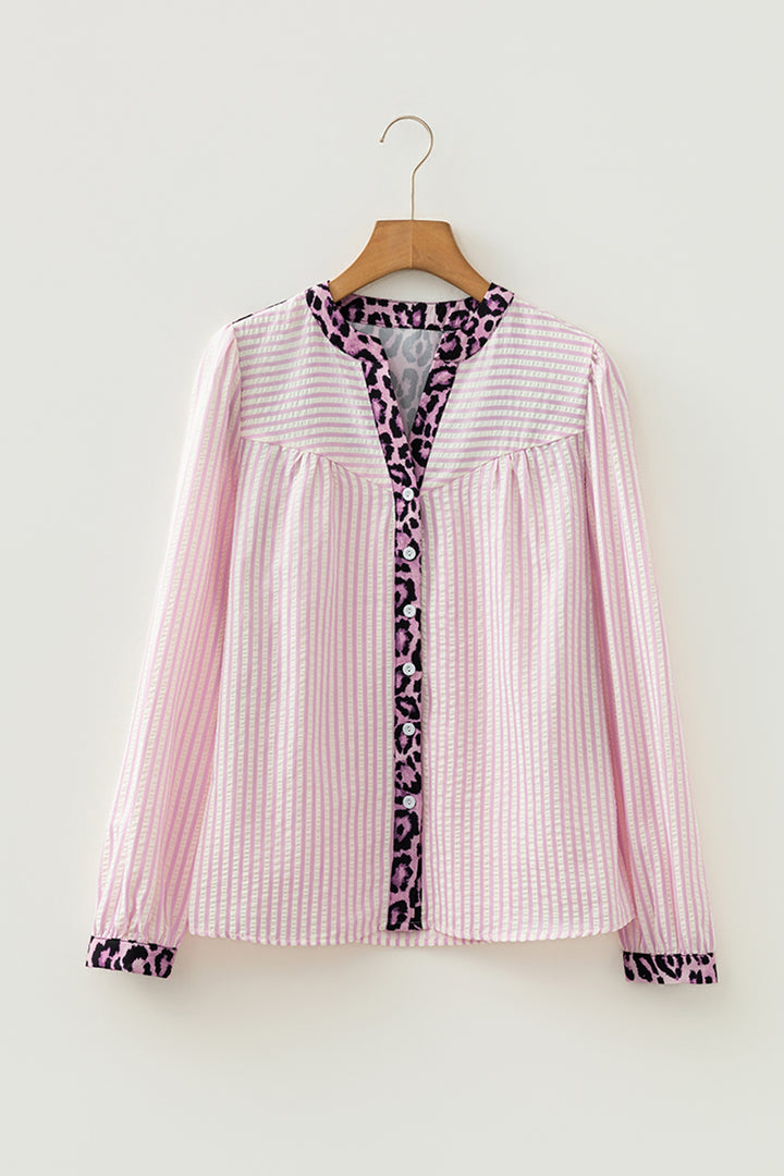 Pink Stripe Leopard Patchwork Long Sleeve Shirt