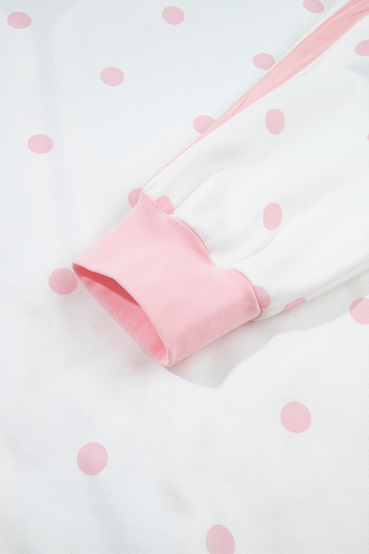 Pink Polka Dot Half Zip Drop Shoulder Relaxed Sweatshirt