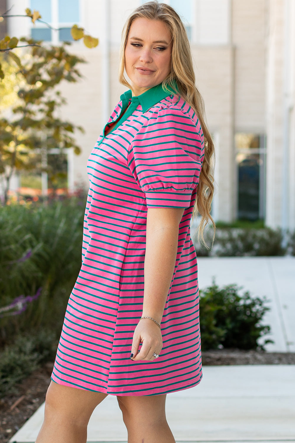 Rose Stripe Collared V Neck Shift T Shirt Dress with Pockets