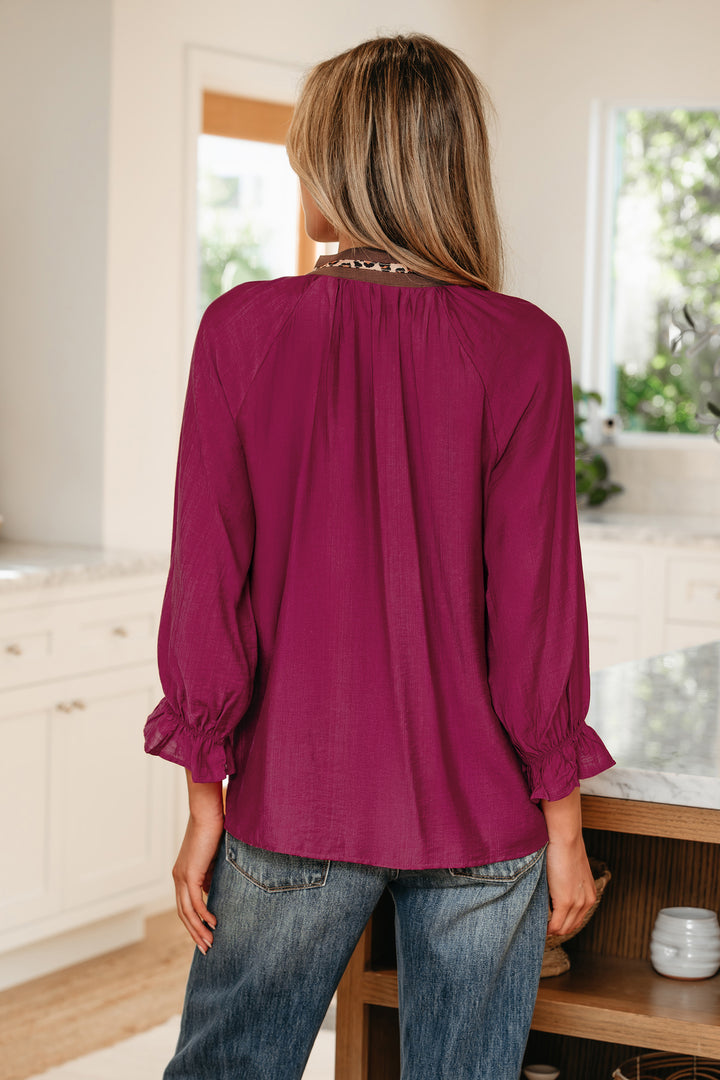 Leopard Trim V Neck Flounced Bracelet Sleeve Blouse