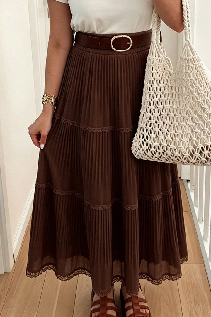 Coffee Solid Color Pleated Lace Trim Tiered Long Skirt