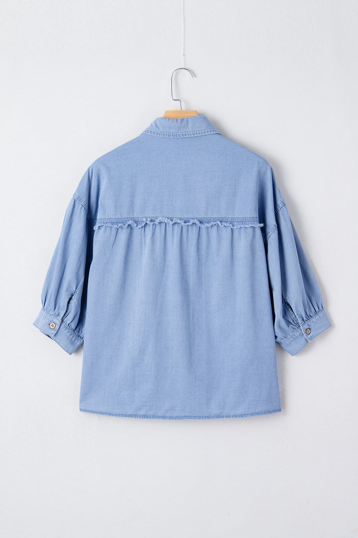 Washed Drop Shoulder Bracelet Sleeve Chambray Shirt