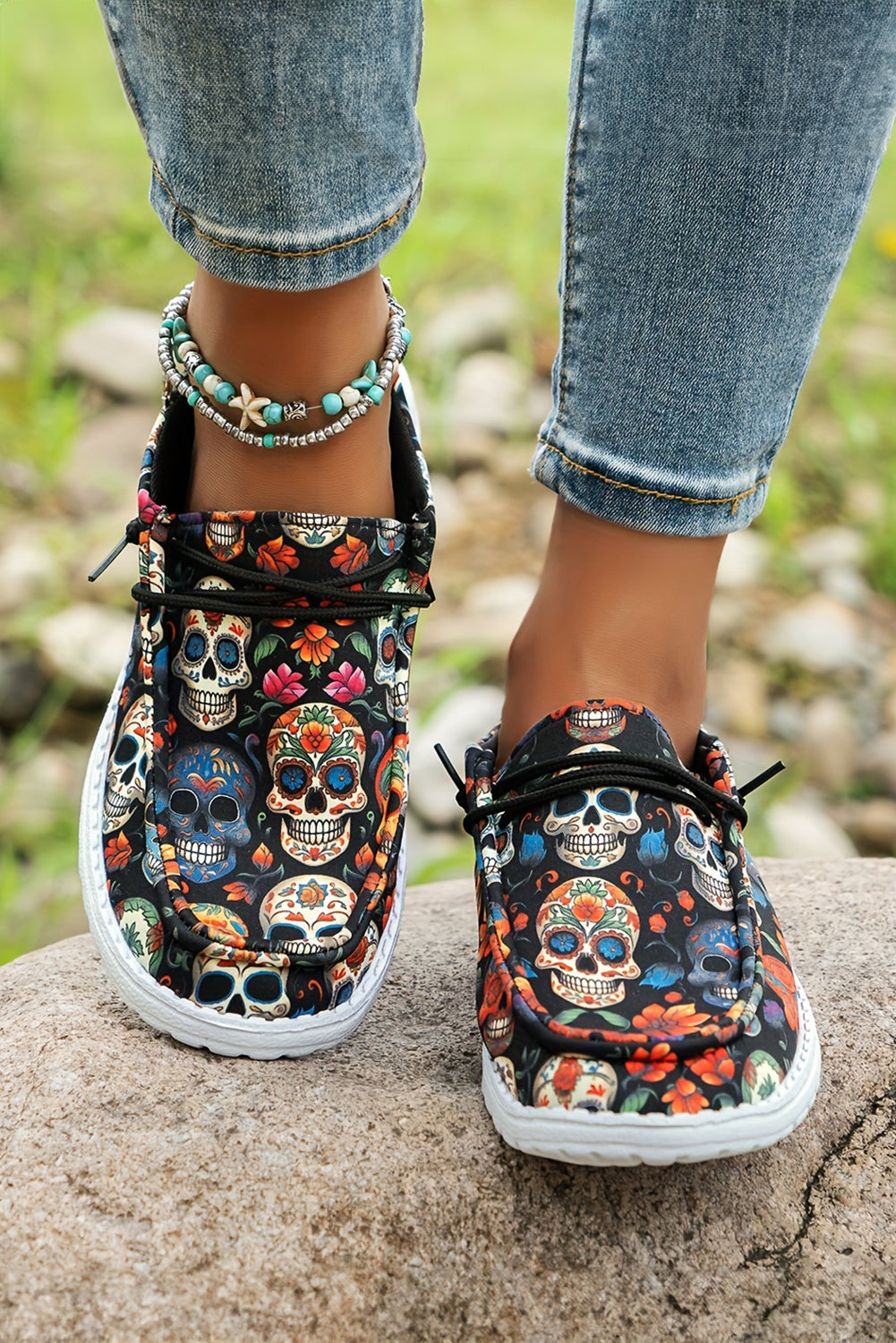 Sugar Skull Print Lace-up Detail Halloween Flat Shoes