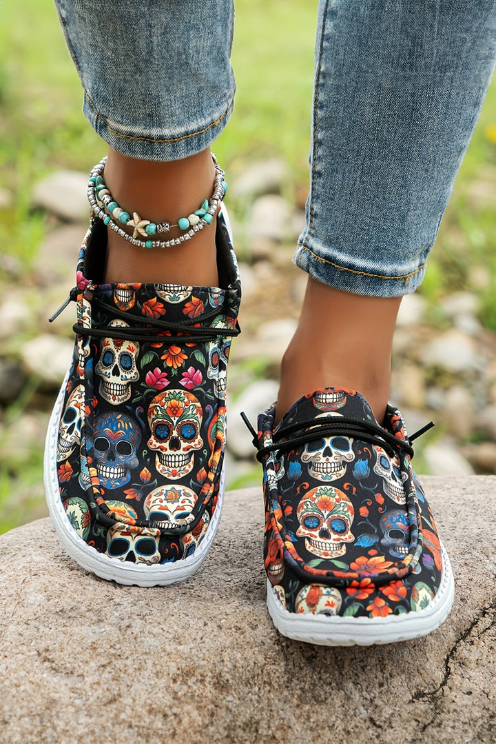 Sugar Skull Print Lace-up Detail Halloween Flat Shoes