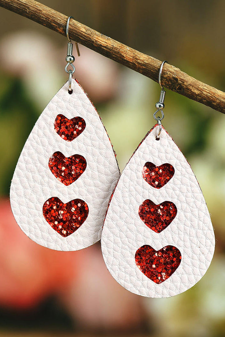 Valentines Heart Print Pu Leather Teardrop Dangle Earrings