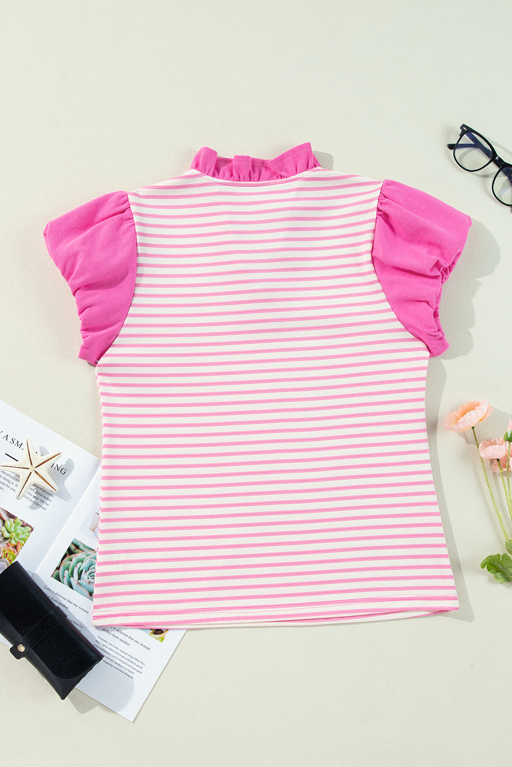 Ruffled V Neck Cap Puff Sleeve Top