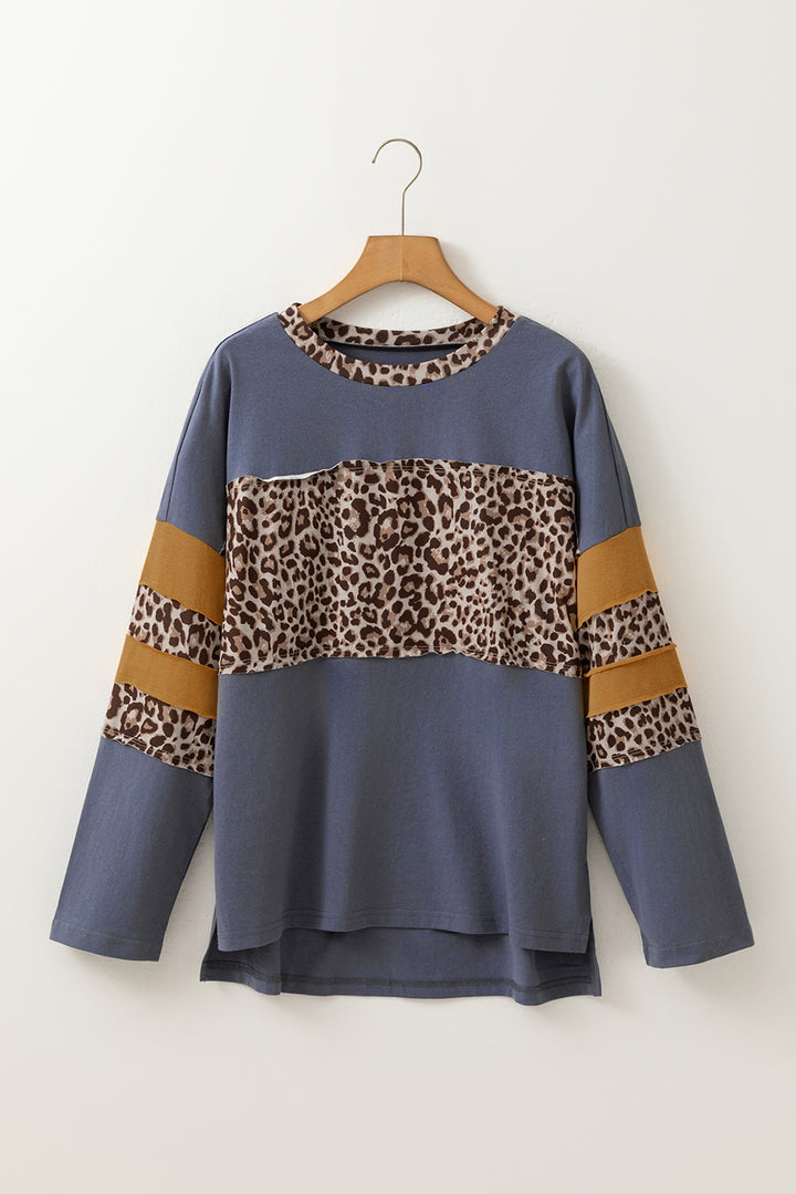 Leopard Colorblock Patchwork Long Sleeve 100%Cotton Top