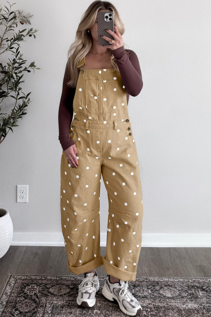Light French Beige Polka Dot Print Bib Pocket Denim Barrel Overalls Jumpsuit