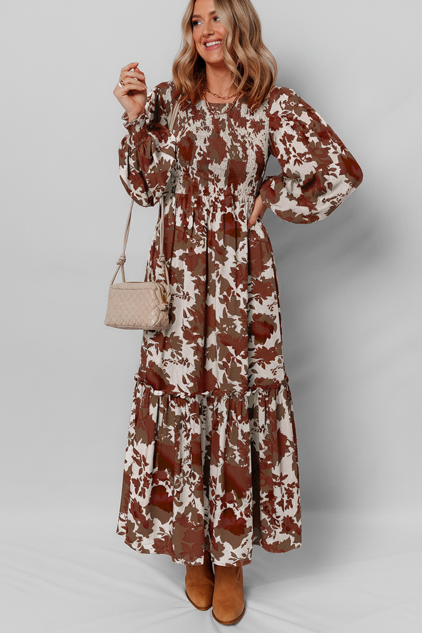 Chestnut Floral Puff Sleeve Smocked Bodice Ruffled Long Dress