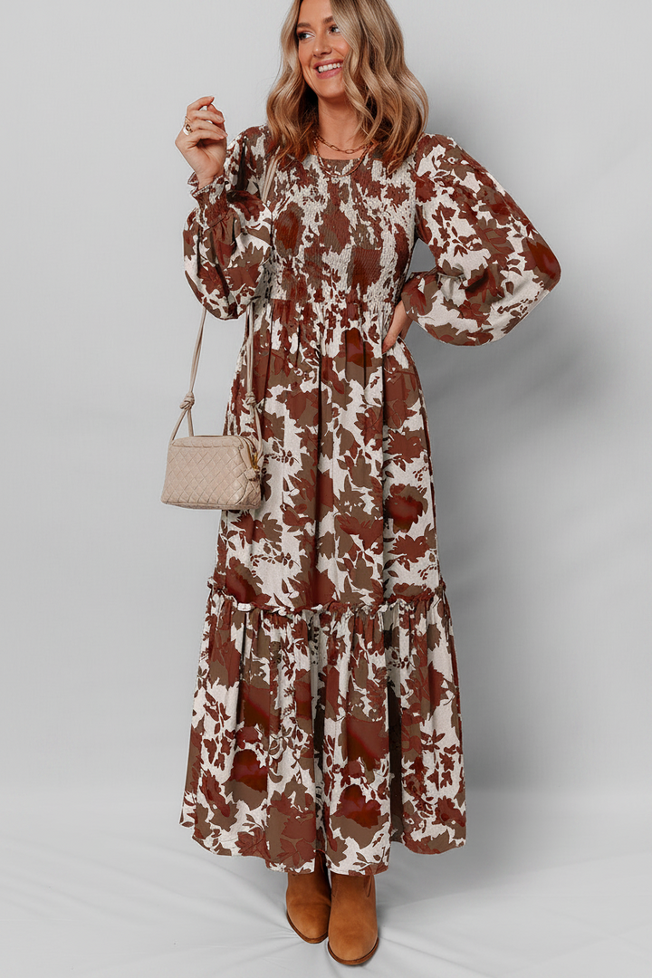 Chestnut Floral Puff Sleeve Smocked Bodice Ruffled Long Dress