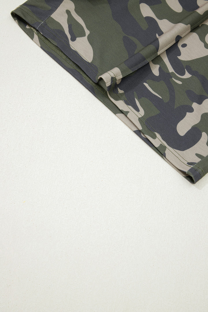 Green Tie Elastic Waist Pocketed Plus Size Camo Shorts