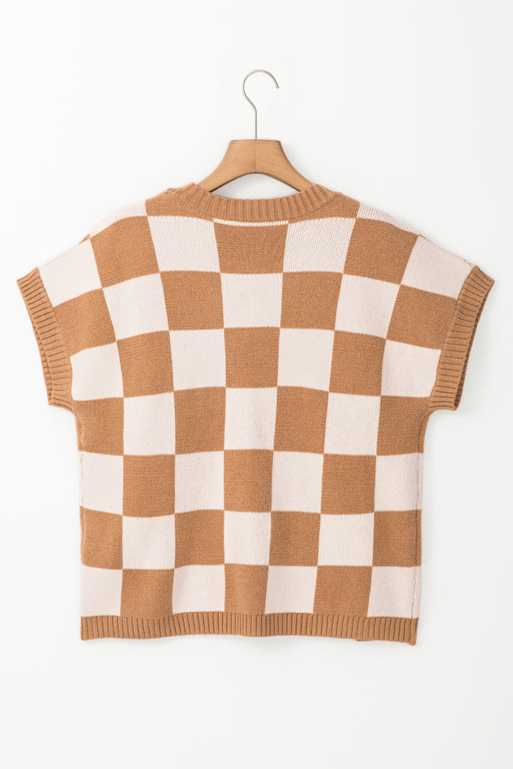 Light French Beige Colorblock Plaid Pattern Ribbed Trim Sweater Tank Top