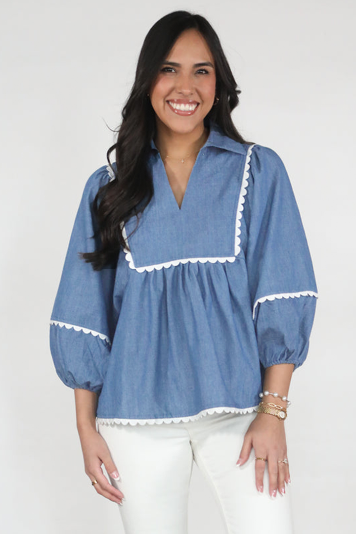 Lace Ric Rac 3/4 Puff Sleeve Collared Babydoll Blouse