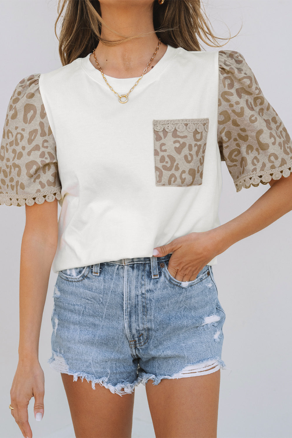 Leopard Patchwork Crochet Lace Trim Puff Sleeve T Shirt