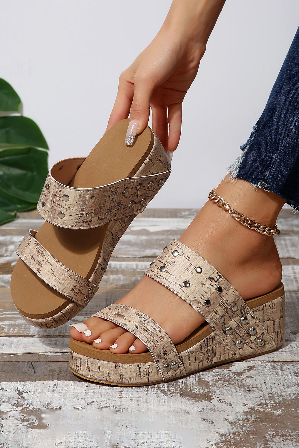 Rivet Double Straps Wedge Slippers