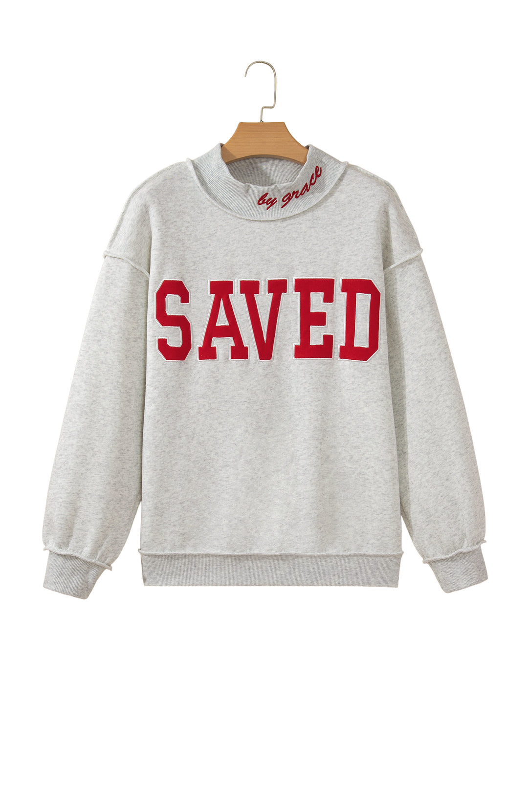 Gray Saved By Grace Embroidered Detail Letter Graphic High Neck Sweatshirt