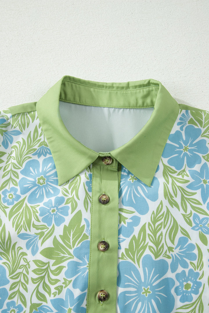 Sky Blue Floral Print Color Block Patchwork Shirt Collar Half Sleeve Mini Dress