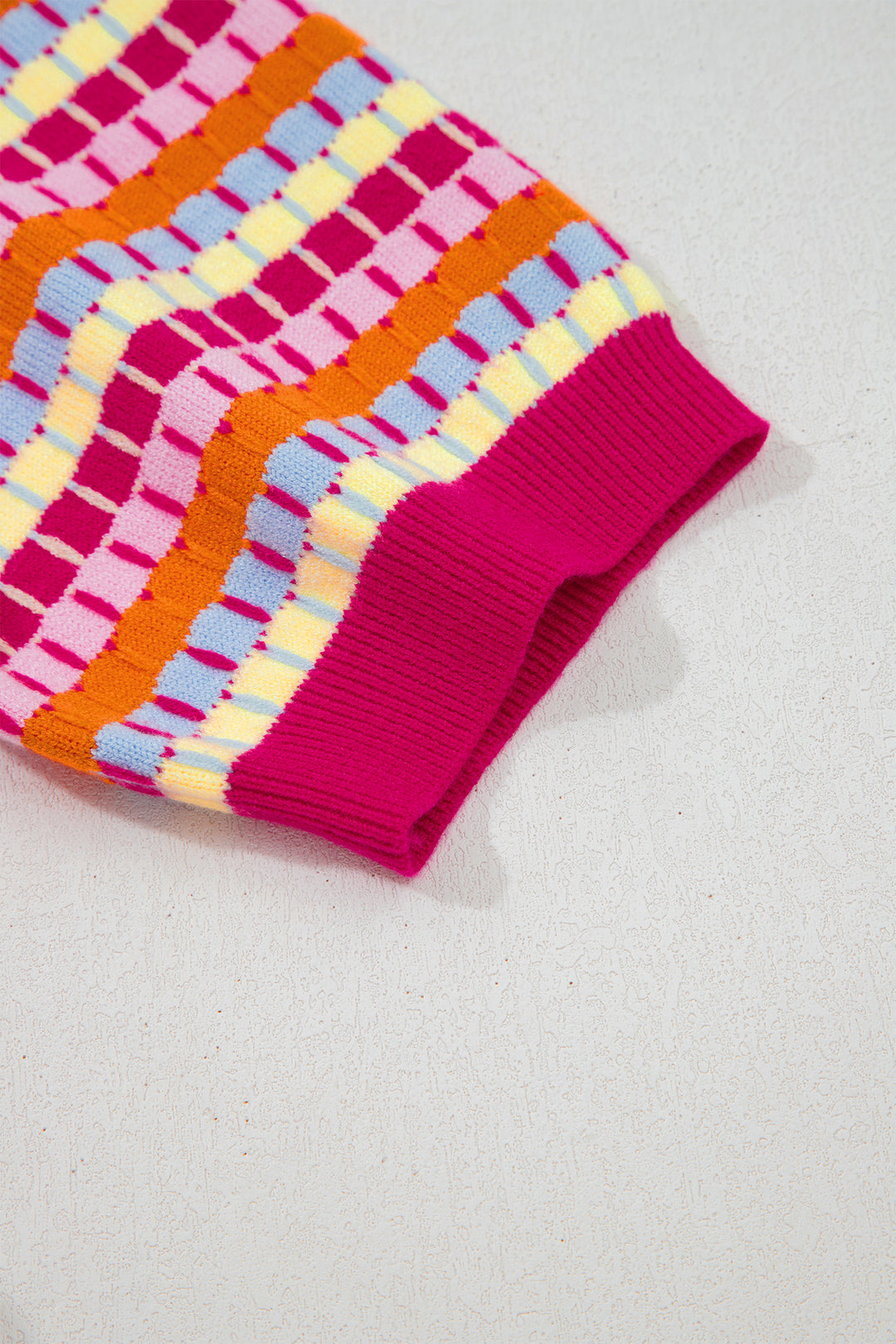 Rose Red Abstract Striped Knit Short Sleeve Sweater