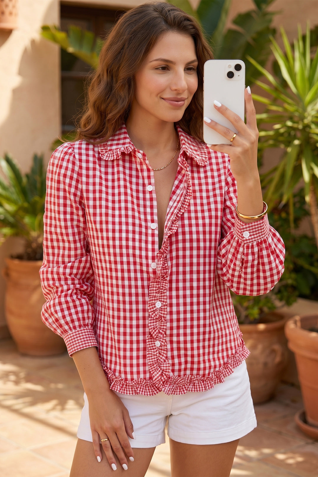 Cute Red Plaid Long Sleeve Button Down Frill Detail Casual Shirt