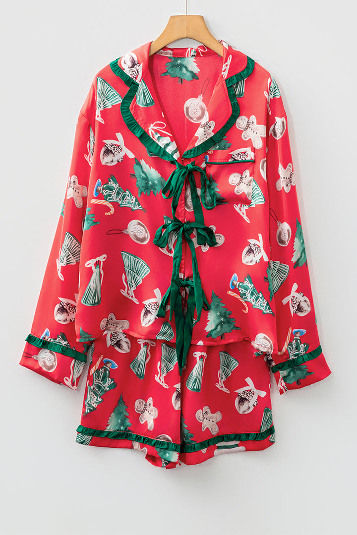 Red Christmas Fashion Print Contrast Ruffle Trim Ribbon Bow Knot 2pcs Pajama Set