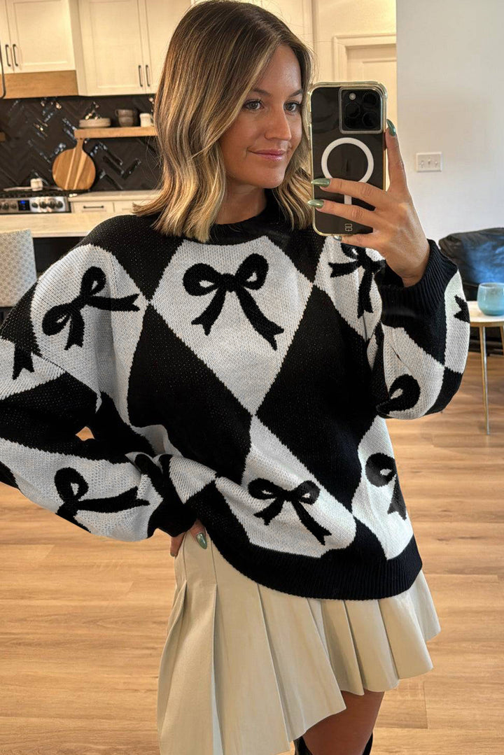 Bow Print 2-tone Rhombus Knit Loose Sweater