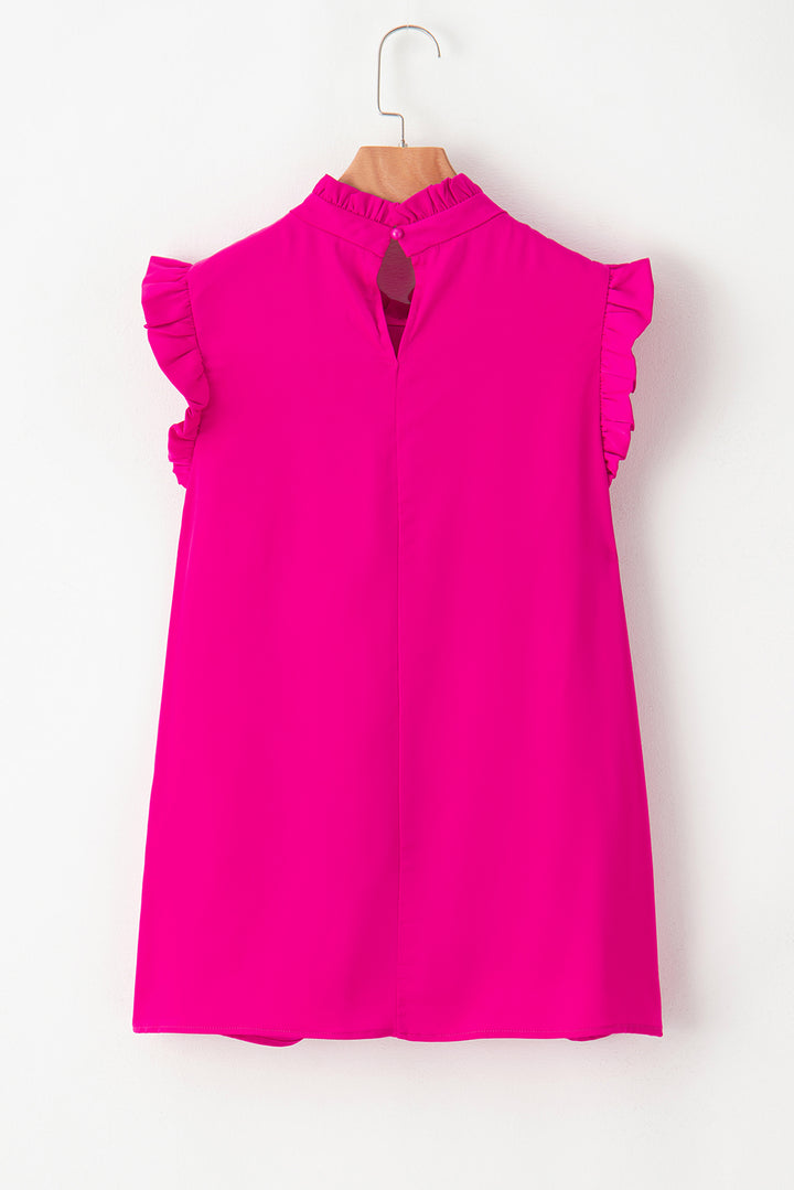 Pleated Mock Neck Frilled Trim Sleeveless Top