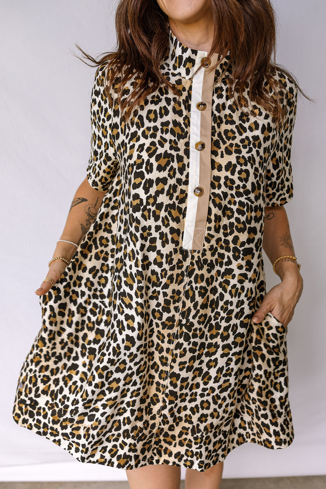 Half Buttons Short Sleeve Loose Leopard Mini Dress with Pockets