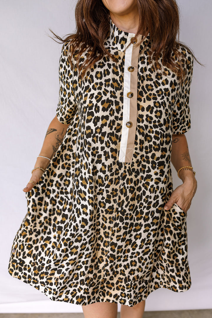 Half Buttons Short Sleeve Loose Leopard Mini Dress with Pockets