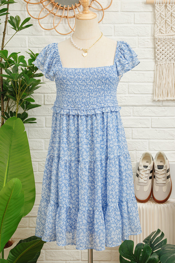 Sky Blue Floral Print Square Neck Flutter Sleeve Smocked Tiered Mini Dress