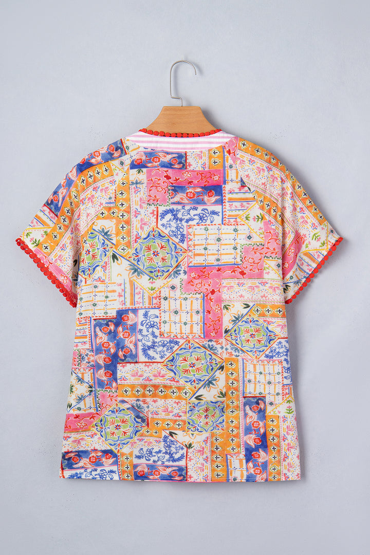 Red Mixed Print V Neck Short Sleeve Blouse