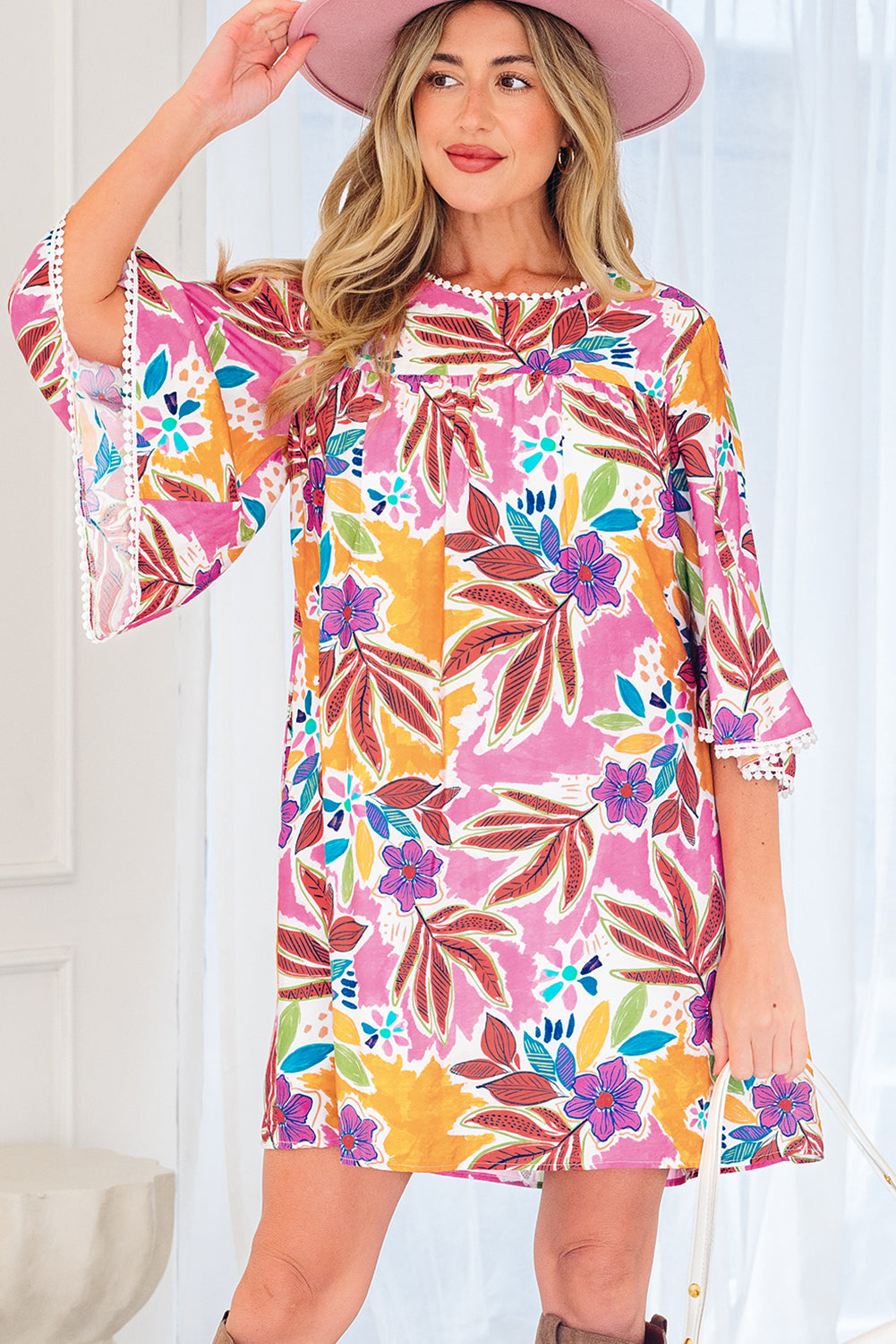 Floral Print Lace Trimmed Tie Back Bell Sleeve Swing Mini Dress