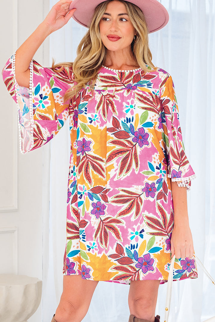 Floral Print Lace Trimmed Tie Back Bell Sleeve Swing Mini Dress