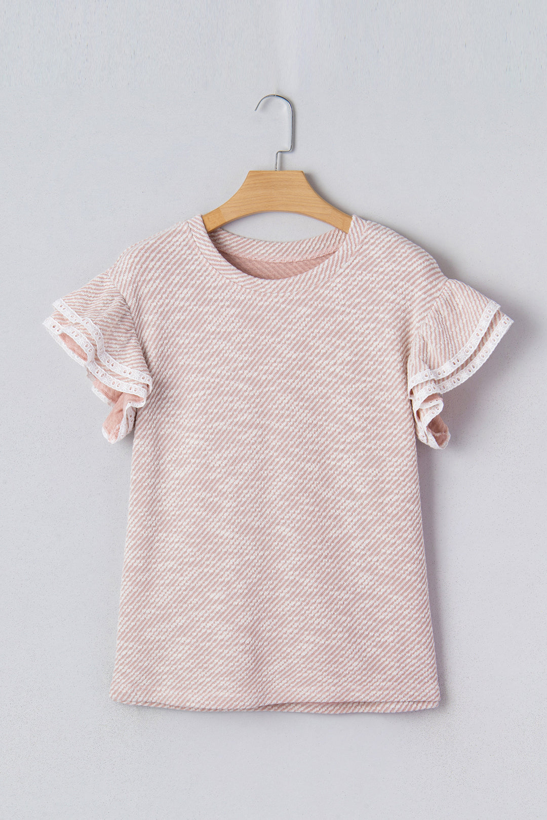 Twilled Print Lace Trim Ruffled Short Sleeve Blouse