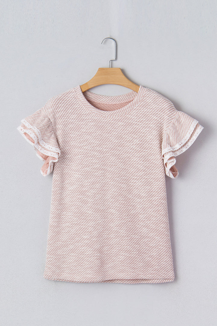 Twilled Print Lace Trim Ruffled Short Sleeve Blouse