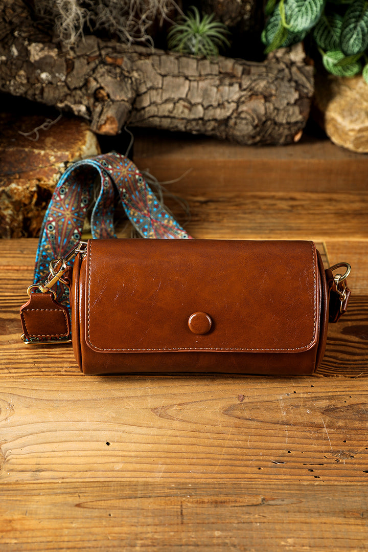 PU Leather Flap Shoulder Bag with Retro Print Wide Strap