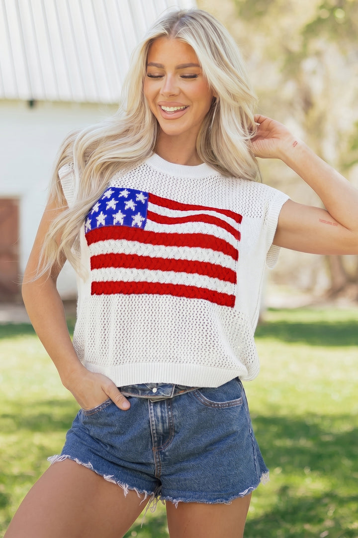 White Flag Graphic Short Sleeve Sweater Top