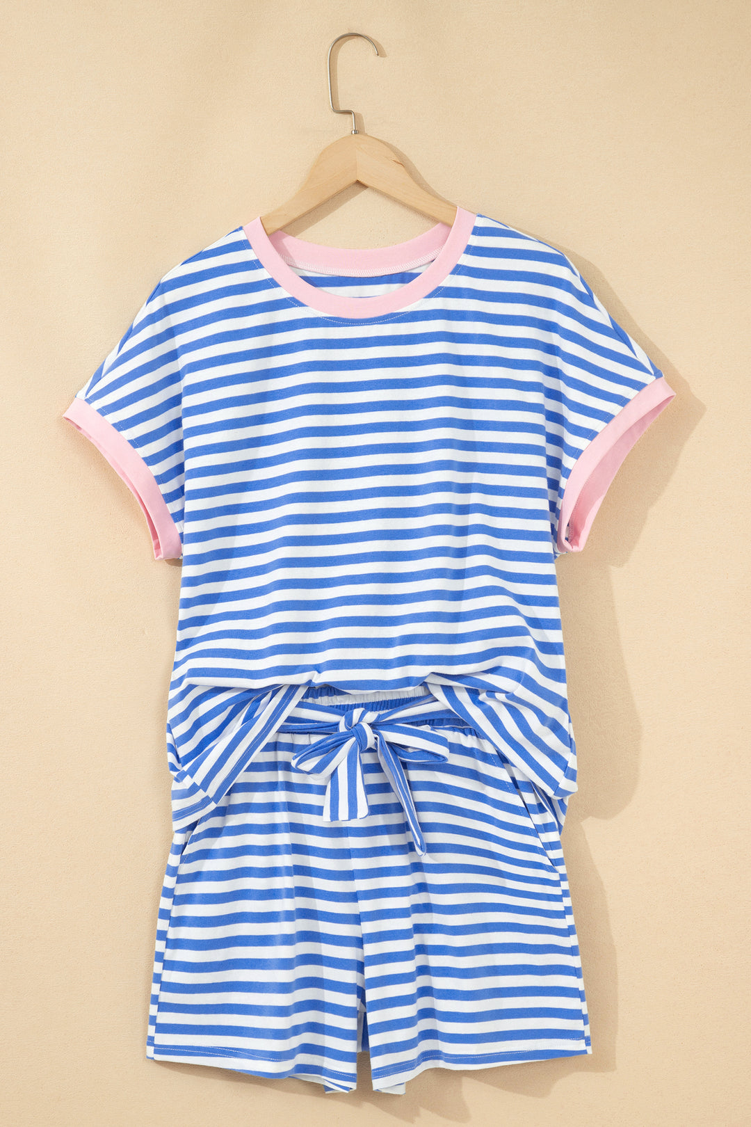Sky Blue Stripe Contrast Trim Crew Neck Tee Knot Shorts 2pcs Set
