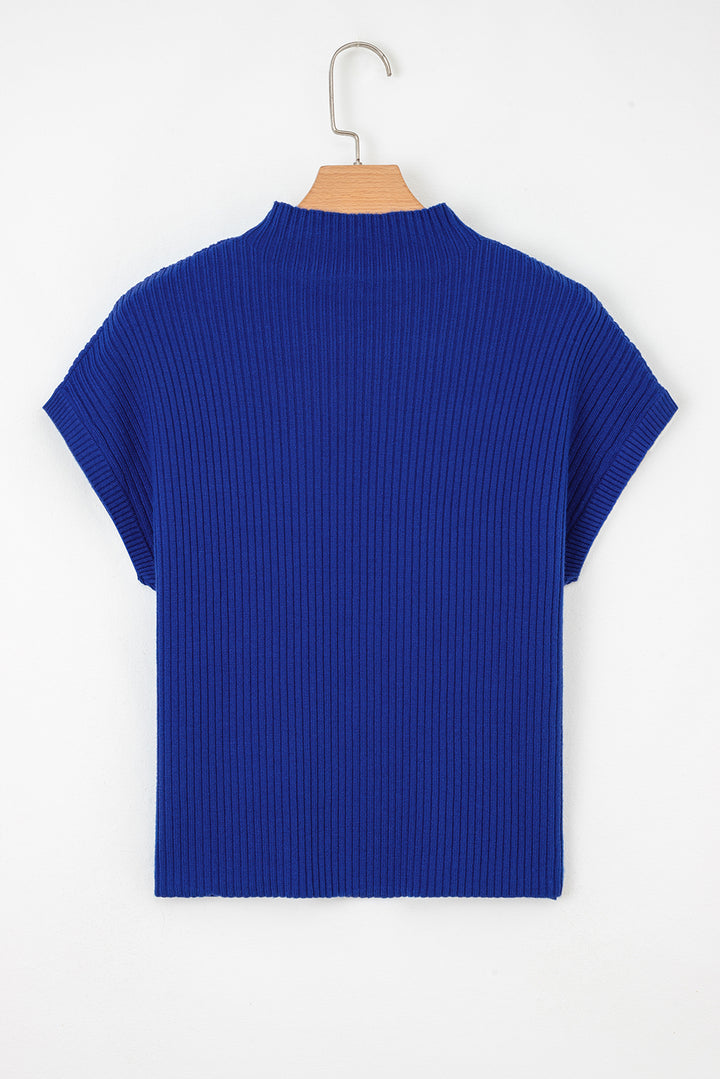 Dark Blue Patch Pocket Ribbed Knit Short Sleeve Sweater