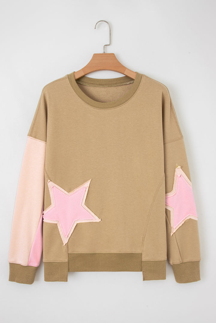 Contrast Star Patchwork Exposed Seam Uneven Hem Drop Shoulder Sweatshirt