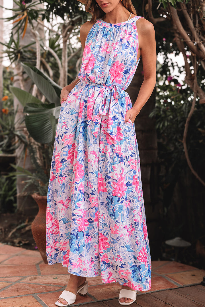 Floral Printed Sleeveless O Neck Knot Waist Maxi Dress