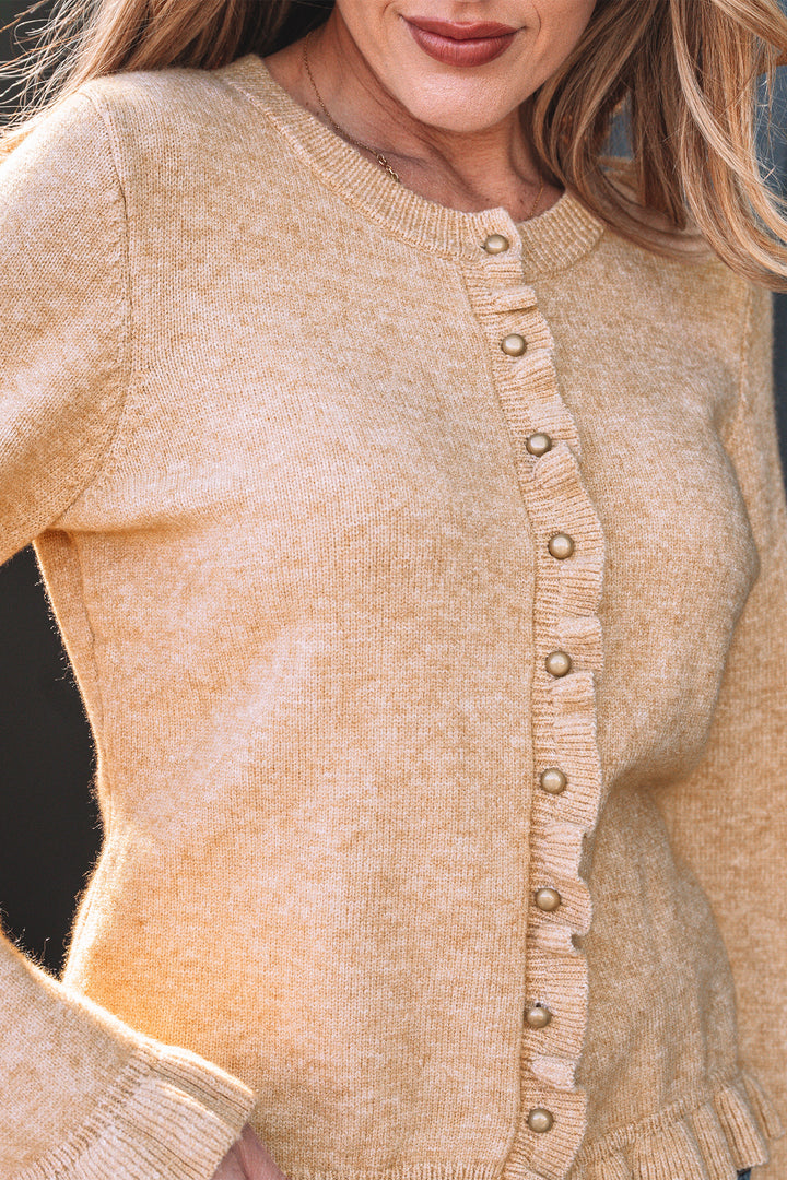 Ruffle Trim Gold Button Sweater Cardigan