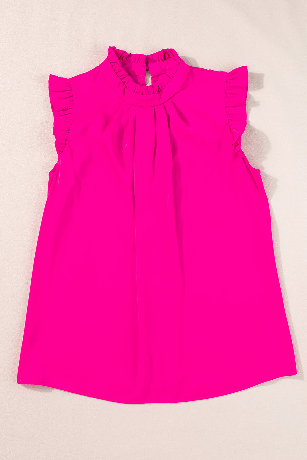 Pleated Mock Neck Frilled Trim Sleeveless Top