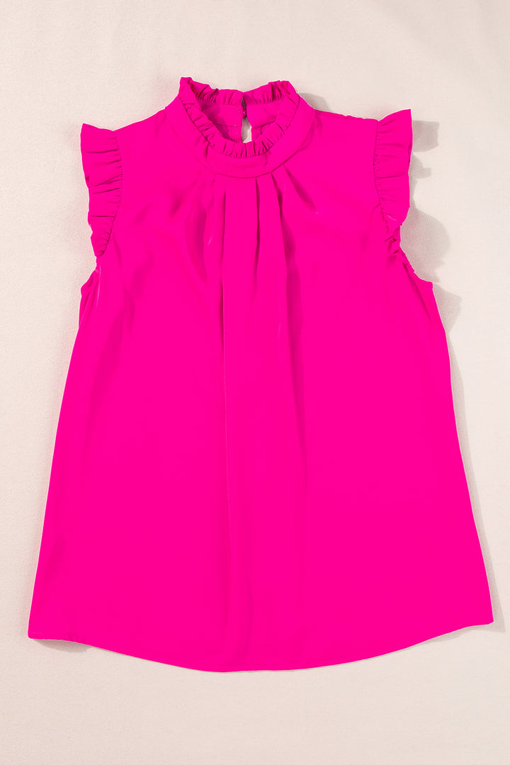 Pleated Mock Neck Frilled Trim Sleeveless Top