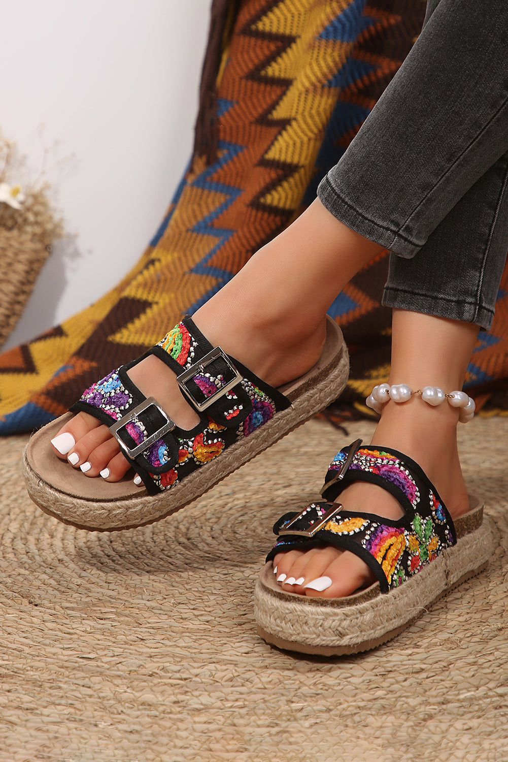 Paisley Print Double-Buckle Wedge Slippers