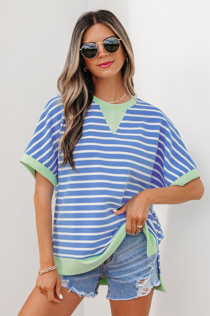 Casual Sky Blue Stripe Loose Short Sleeve Top